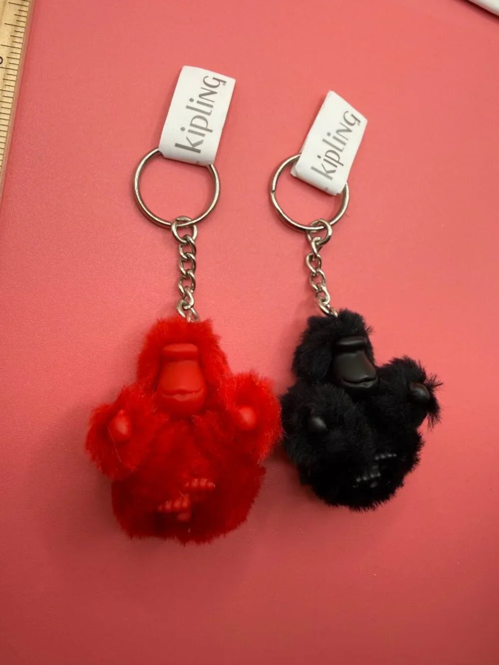 Lot 2 New Kipling Fuzzy Ape Monkey Keychains Key Rings Red Black